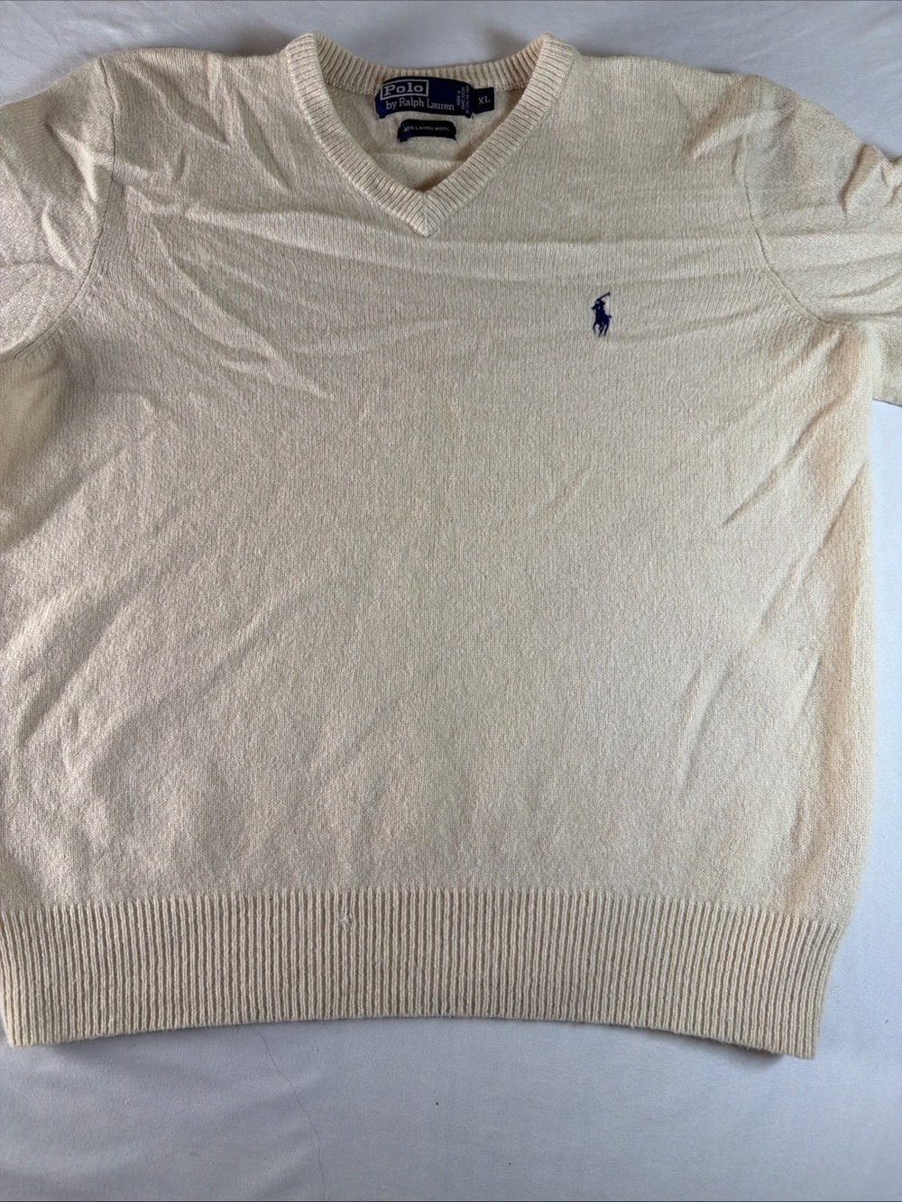 Ralph Lauren Men's Cream V-Neck Sweater with Navy Pony